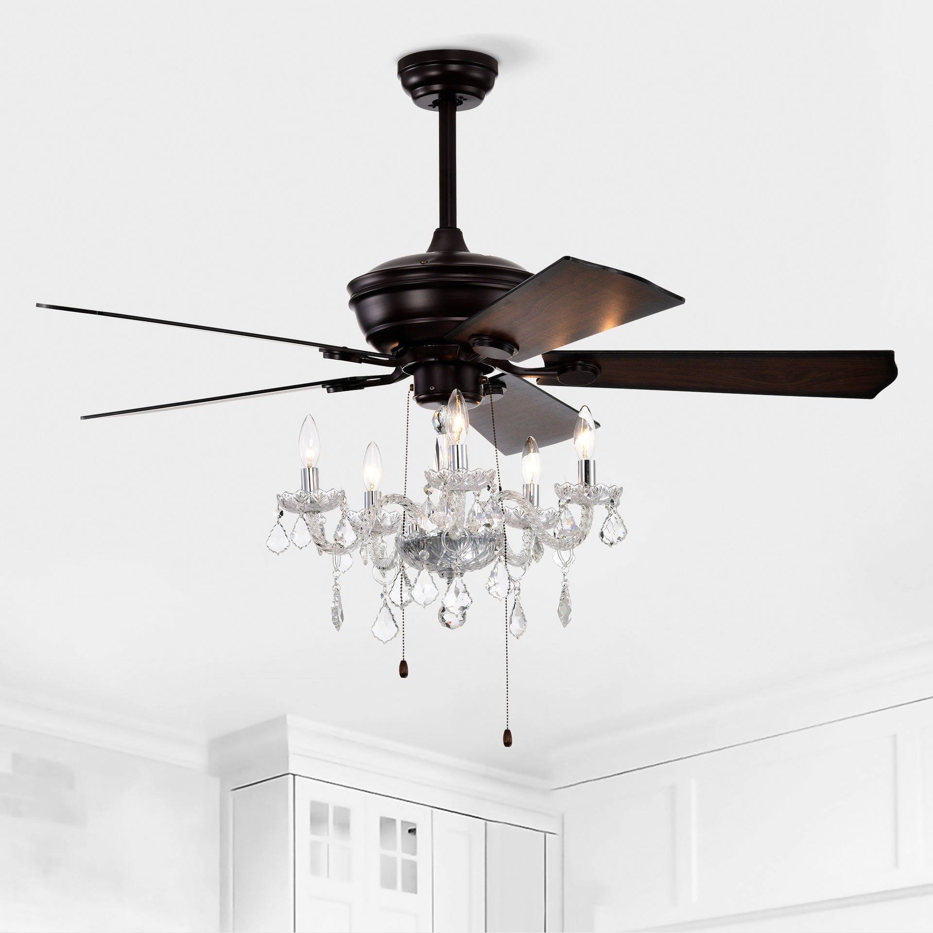 52'' Crystal Shade Ceiling Fan Lamp ,3 Speed ,4 Timing , 5 Reversible Blades Crystal Ceiling Fan ,5PCS*E12  (NO Include Bulb) --  Hand Pull Chain