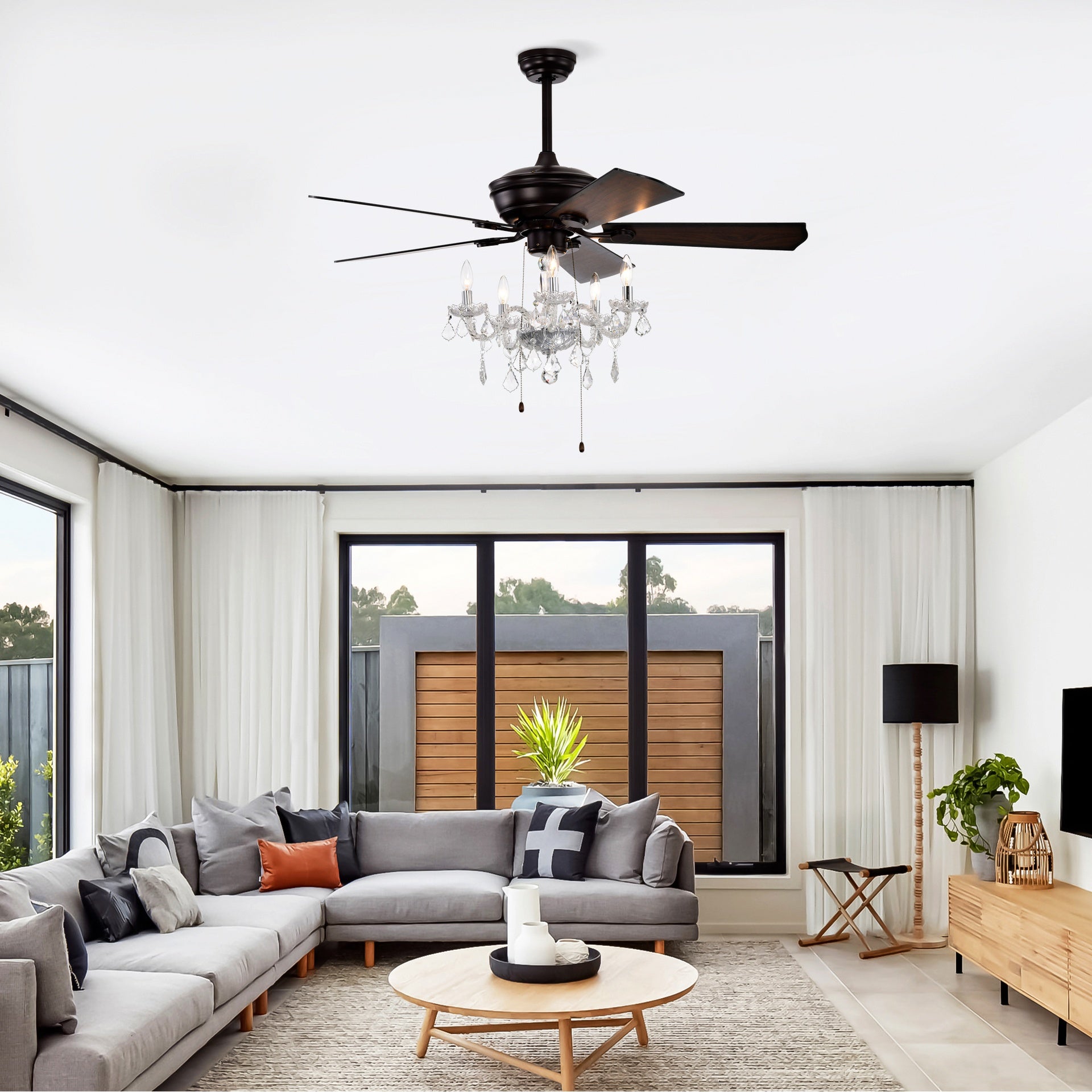 52'' Crystal Shade Ceiling Fan Lamp ,3 Speed ,4 Timing , 5 Reversible Blades Crystal Ceiling Fan ,5PCS*E12  (NO Include Bulb) --  Hand Pull Chain