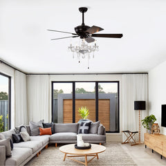 52'' Crystal Shade Ceiling Fan Lamp ,3 Speed ,4 Timing , 5 Reversible Blades Crystal Ceiling Fan ,5PCS*E12  (NO Include Bulb) --  Hand Pull Chain