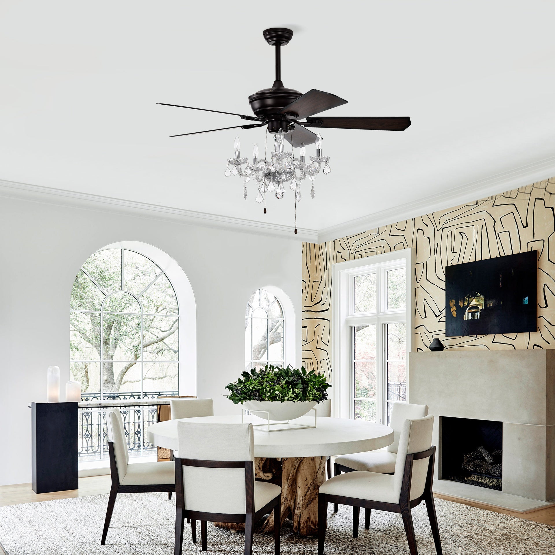 52'' Crystal Shade Ceiling Fan Lamp ,3 Speed ,4 Timing , 5 Reversible Blades Crystal Ceiling Fan ,5PCS*E12  (NO Include Bulb) --  Hand Pull Chain