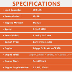 660 lb. Loading Capacity Track Barrow, Convertible Sides, Gas Powered, Briggs & Stratton CR950, 208cc 6.5HP, 3F+1R