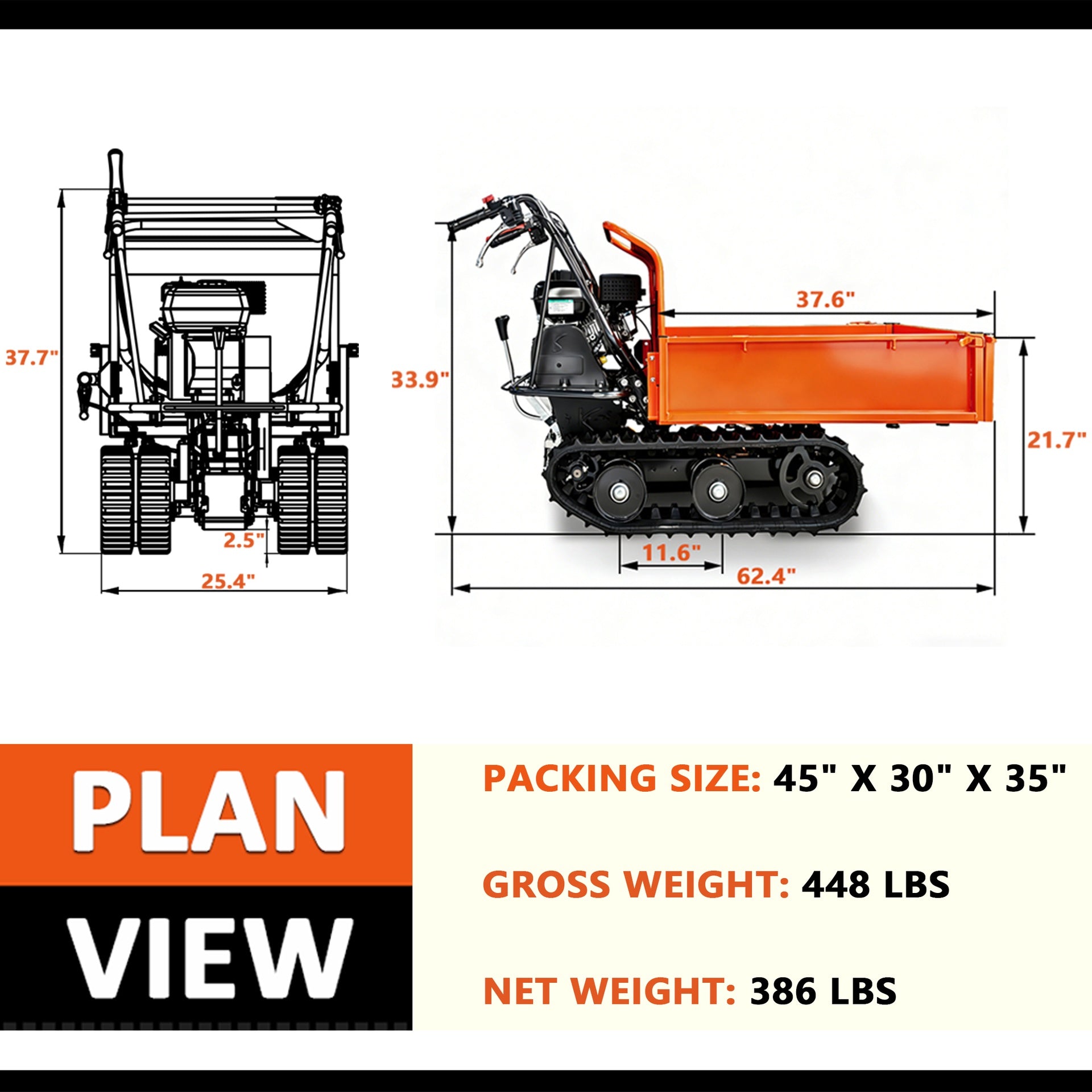 660 lb. Loading Capacity Track Barrow, Convertible Sides, Gas Powered, Briggs & Stratton CR950, 208cc 6.5HP, 3F+1R