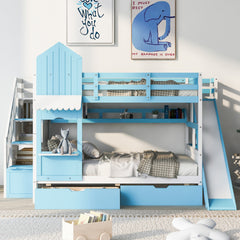 Full-Over-Full Castle Style Bunk Bed with 2 Drawers 3 Shelves and Slide - Blue