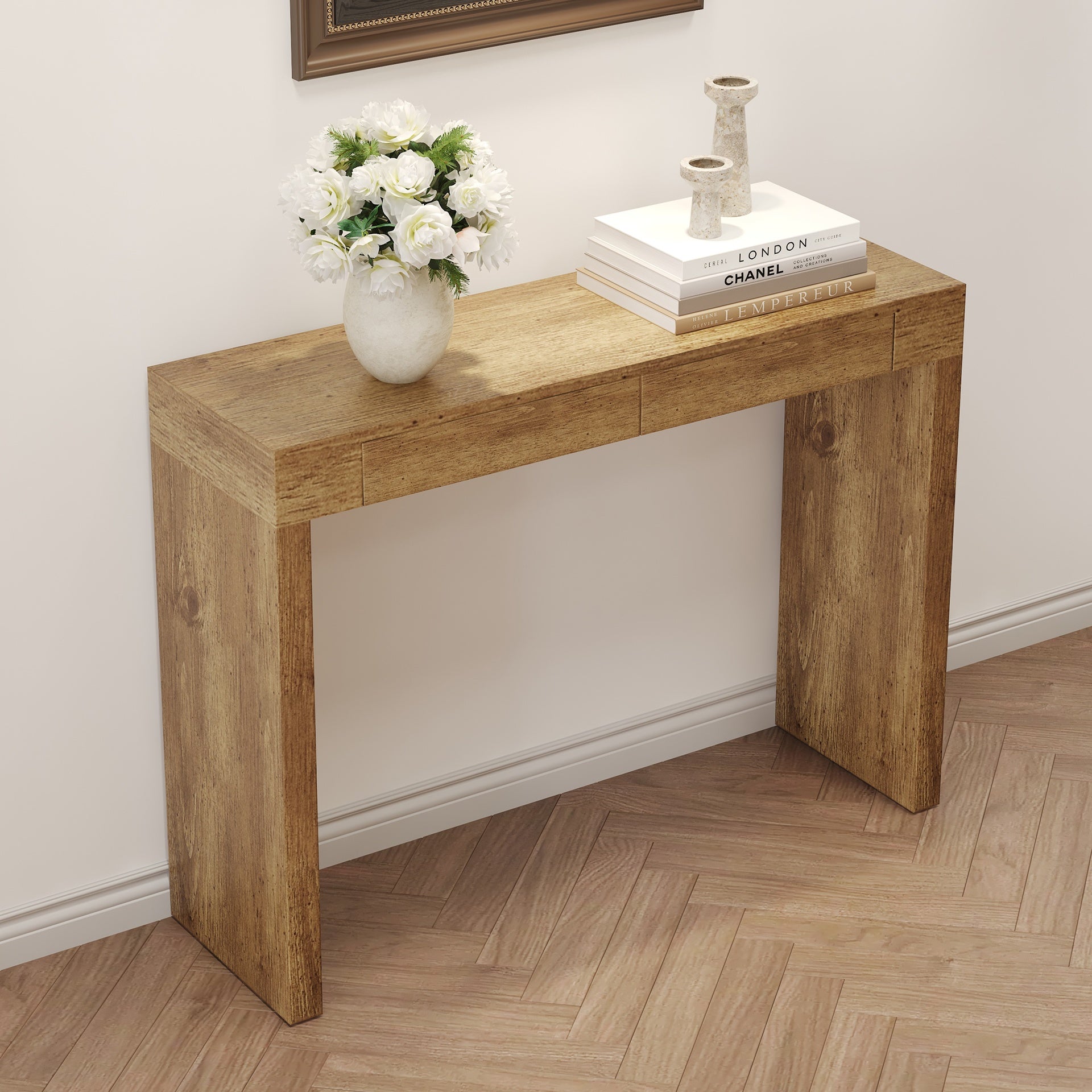 Elegant Natural Wood Grain Bar Table-50 Inches Long, a Practical Choice for Modern Homes.Wood Grain Texture Sticker,Equipped With Two Drawers.Serving As A Bar Table Or A Desk.