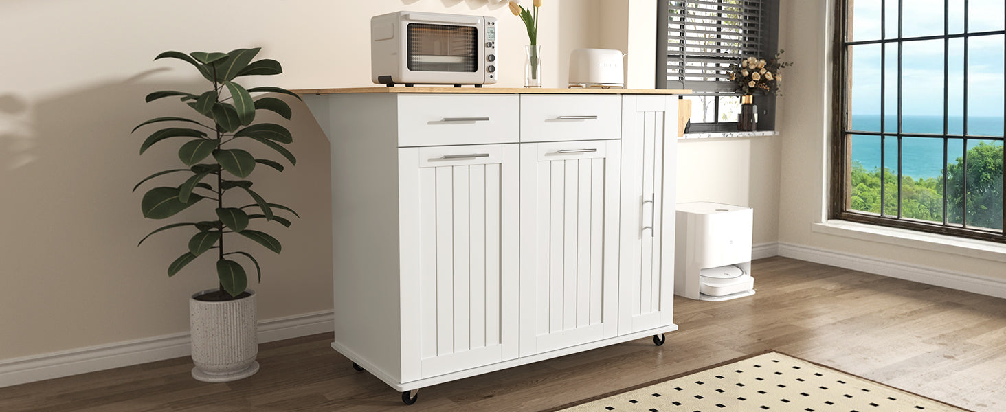 K&K Kitchen Island with Drop Leaf, Kitchen Storage Cart with 3 Tier Pull Out Cabinet Organizer, Internal Storage Rack, Rolling Kitchen Cart on Wheels with Towel Rack, 2 Drawers, for Kitchen, White