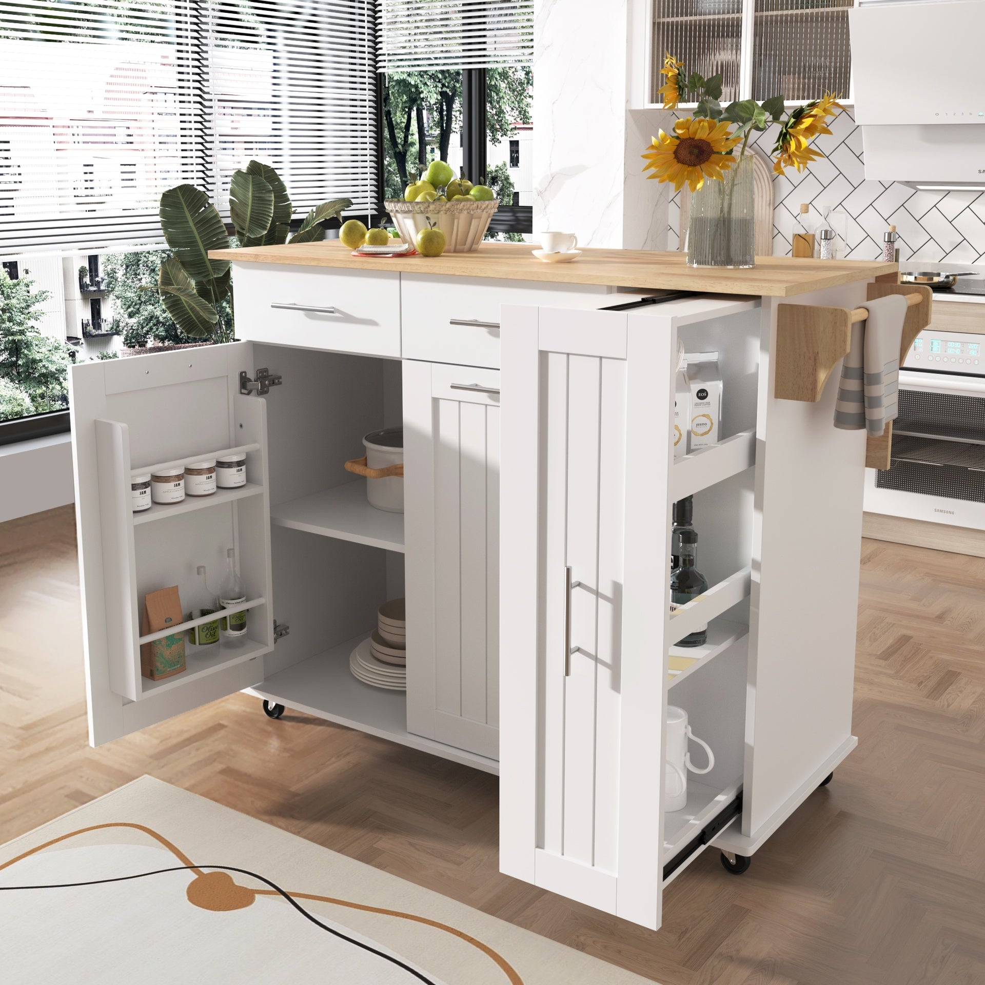 K&K Kitchen Island with Drop Leaf, Kitchen Storage Cart with 3 Tier Pull Out Cabinet Organizer, Internal Storage Rack, Rolling Kitchen Cart on Wheels with Towel Rack, 2 Drawers, for Kitchen, White