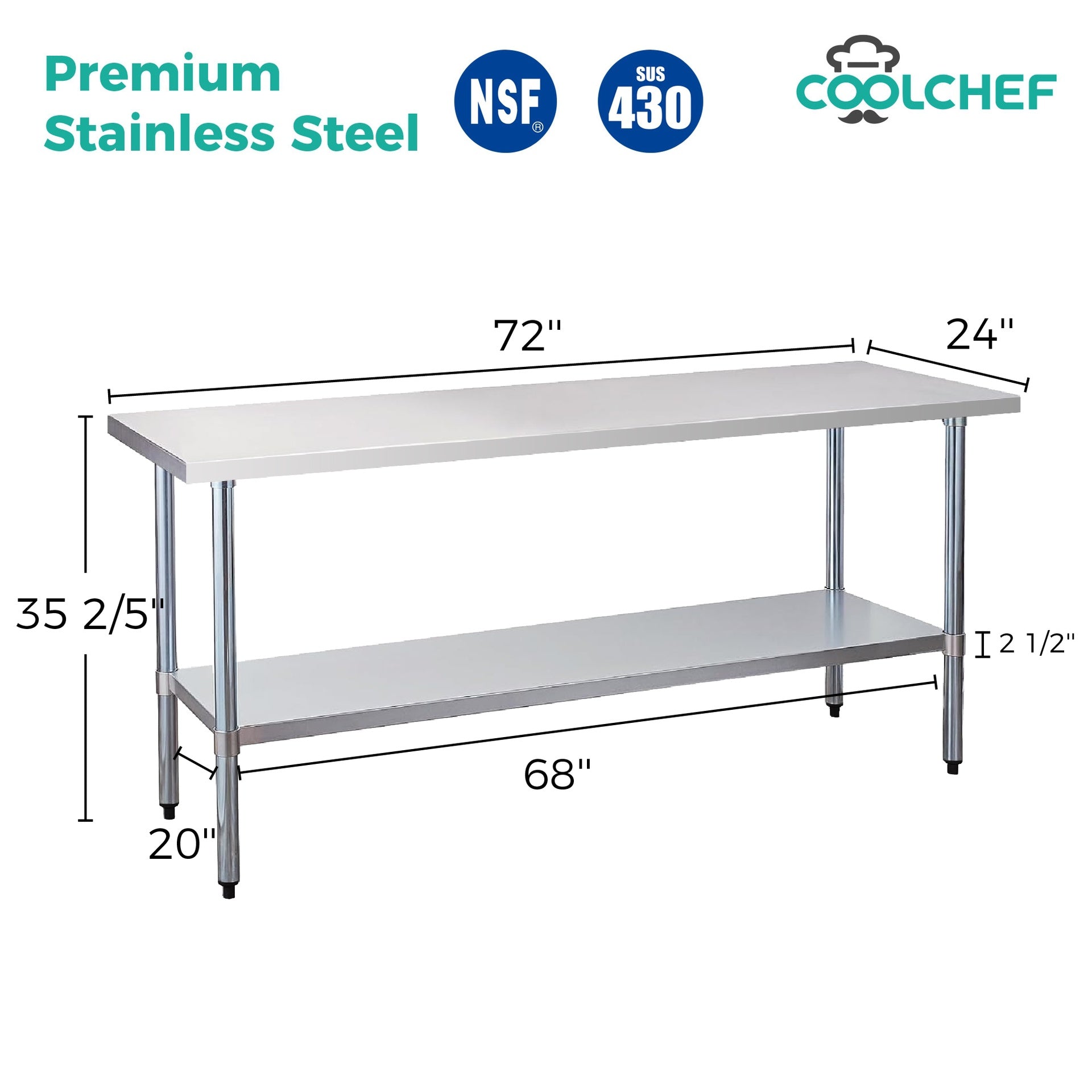 24" x 72" 18-Gauge Stainless Steel Commercial Work Table