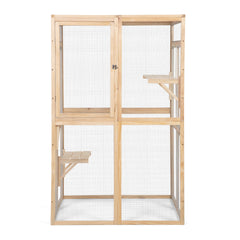Wooden Cat Catio, Outdoor Cat Enclosure, Cat House with Platforms, Sunshine Board, Hammock, Door, Kitten Cage Condo, Burlywood