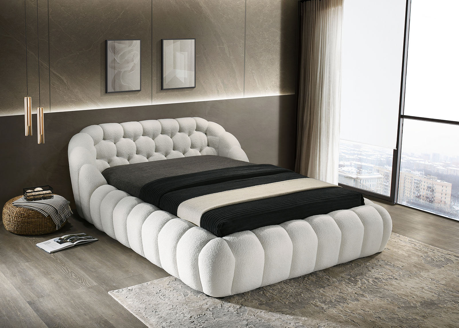 Eye-Catching Contemporary Style White Chenille Fabric Upholstered 1pc Queen Size Bed Bedroom