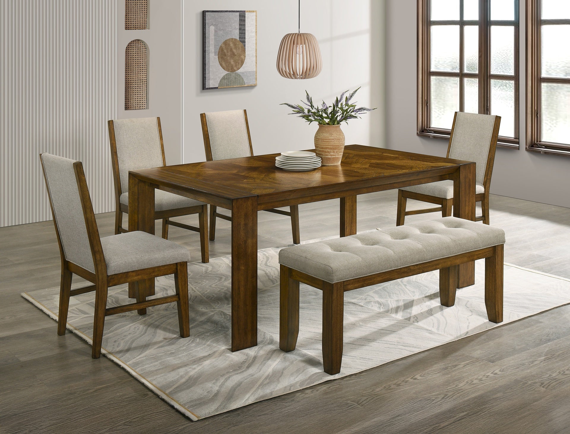 6pc Rectangular Dining Table Handcrafted Feel Solid Wood Tailored Chairs Tufted Bench Upholstered Soft Neutral Fabric Wooden Dining Room Furniture