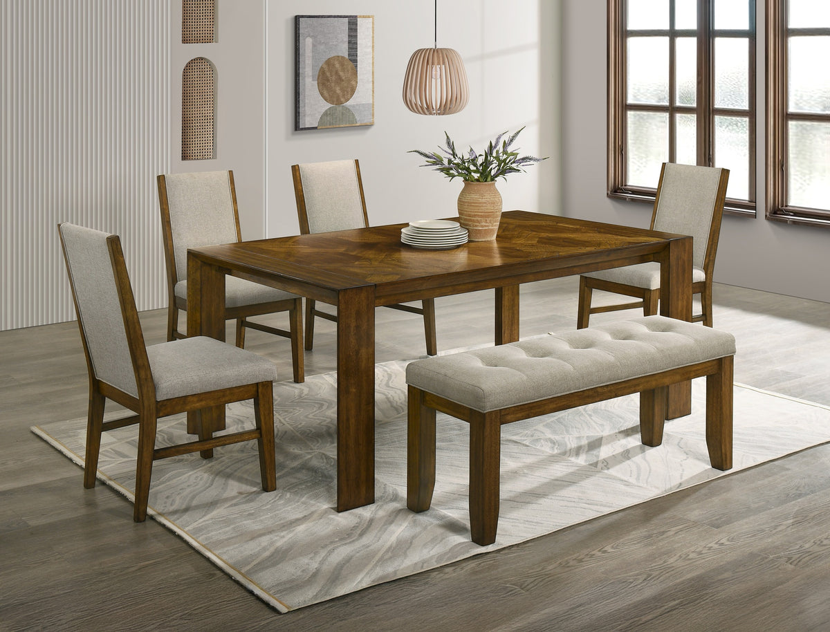 6pc Rectangular Dining Table Handcrafted Feel Solid Wood Tailored Chairs Tufted Bench Upholstered Soft Neutral Fabric Wooden Dining Room Furniture