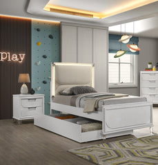 Contemporary Glam Pearl White Twin Size Bed W Trundle 2x Nightstands Embossed Panel 3pc Bedframe Bedroom Furniture