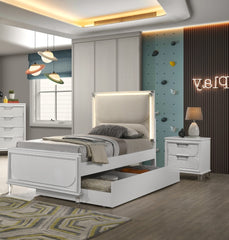 Contemporary Glam Pearl White Twin Size Bed W Trundle 2x Nightstands Embossed Panel 3pc Bedframe Bedroom Furniture