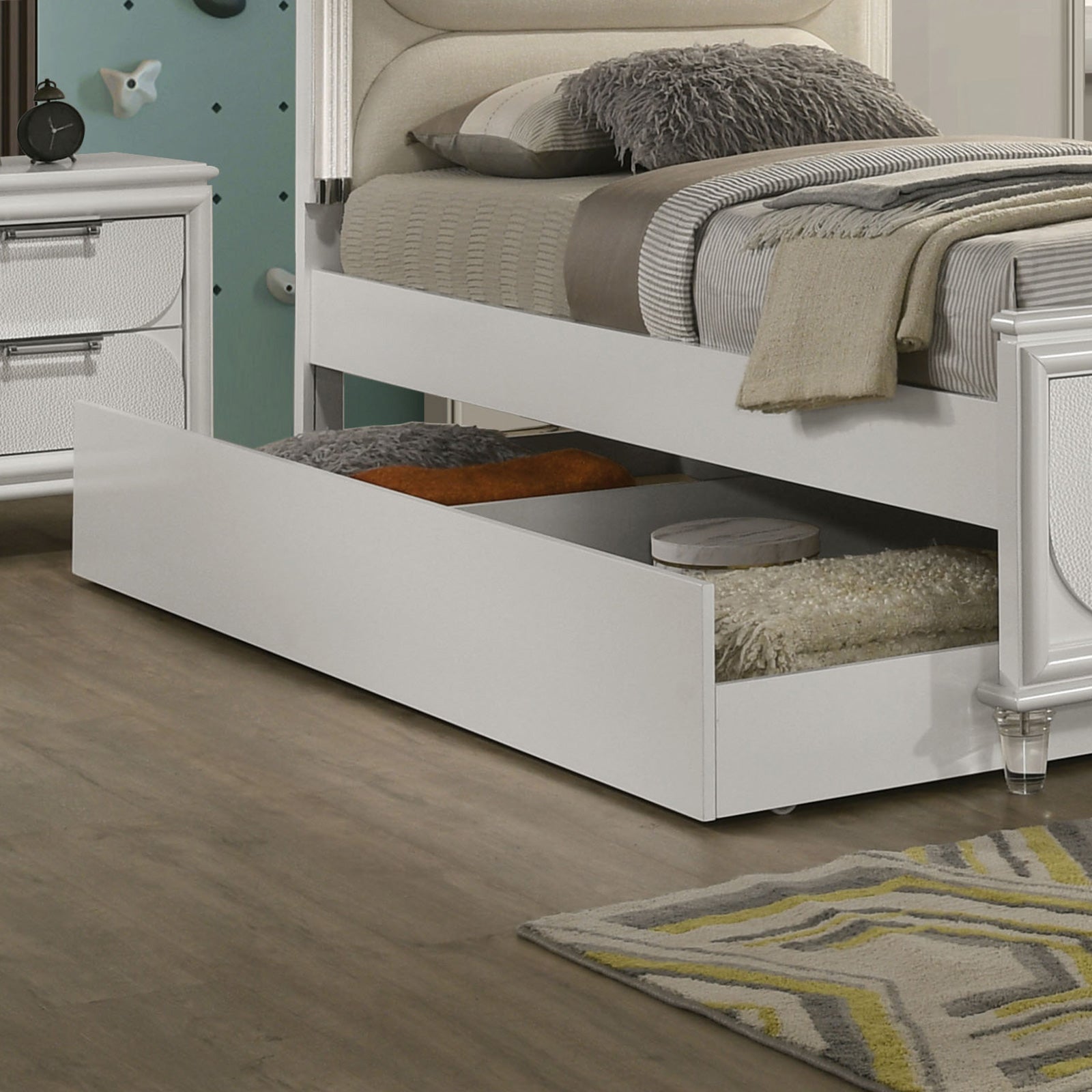 Contemporary Glam Pearl White Upholstered Twin Size Bed w LED W Trundle Embossed Panel 1pc Bedframe Bedroom Furniture