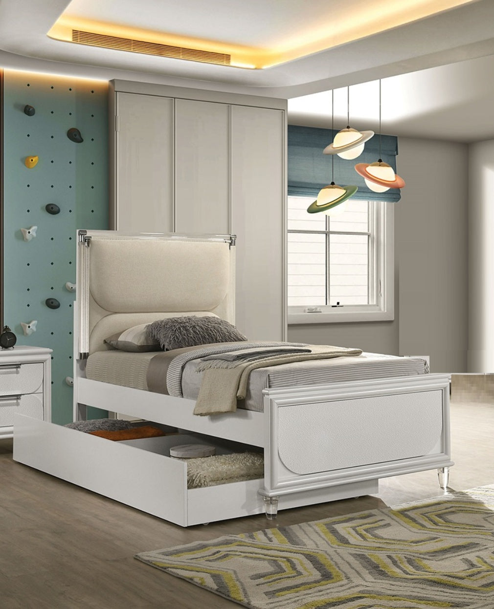 Contemporary Glam Pearl White Upholstered Twin Size Bed w LED W Trundle Embossed Panel 1pc Bedframe Bedroom Furniture