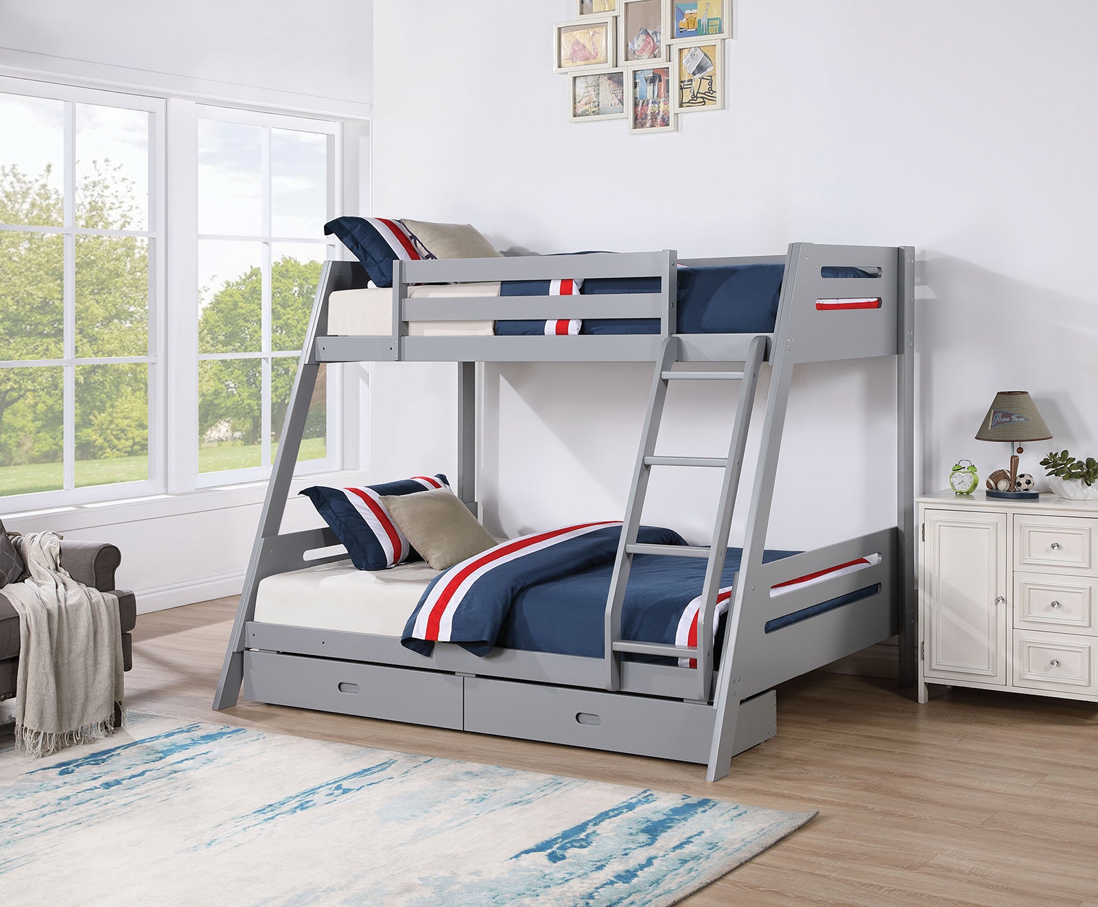 Transitional Bunk Bed Gray Finishing And Underbed Drawers Angled Ladder