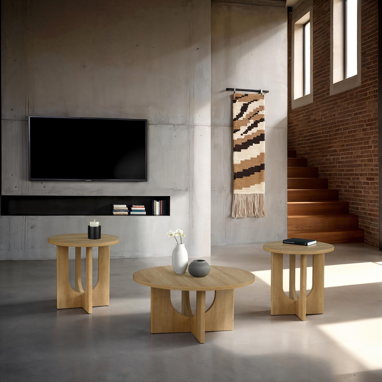 Contemporary Style 3pc Table Set 1x Round Coffee Table 2x Round End Table Cross Arch Base Natural Finish