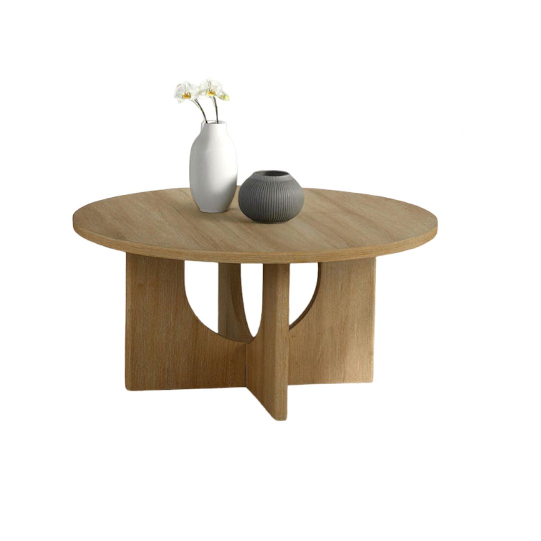 Contemporary Style 3pc Table Set 1x Round Coffee Table 2x Round End Table Cross Arch Base Natural Finish