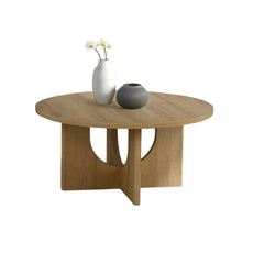 Contemporary Style 3pc Table Set 1x Round Coffee Table 2x Round End Table Cross Arch Base Natural Finish