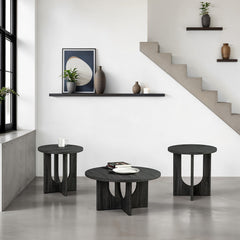 Contemporary Style 3pc Table Set 1x Round Coffee Table 2x Round End Table Cross Arch Base Gray Finish