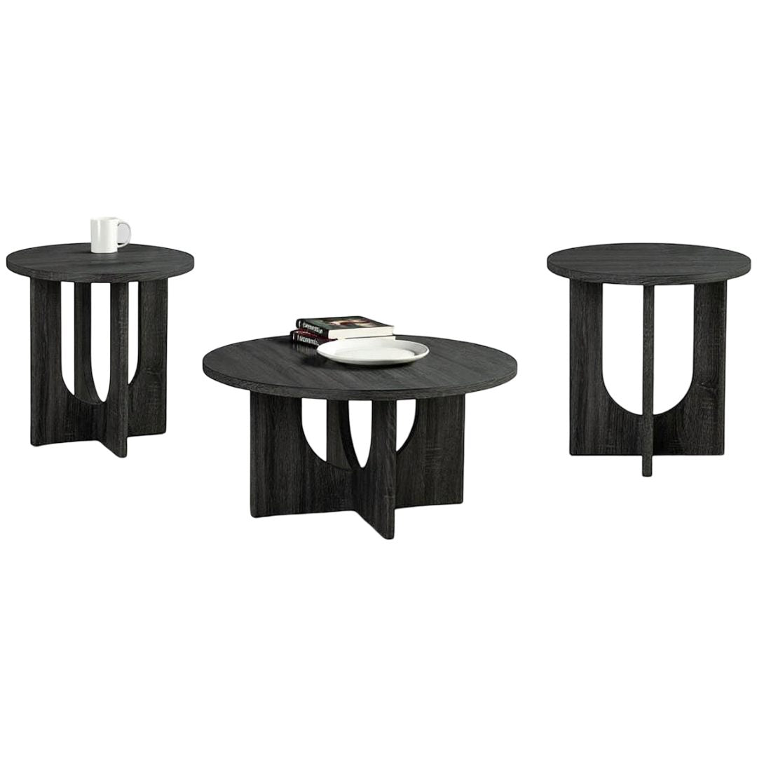 Contemporary Style 3pc Table Set 1x Round Coffee Table 2x Round End Table Cross Arch Base Gray Finish