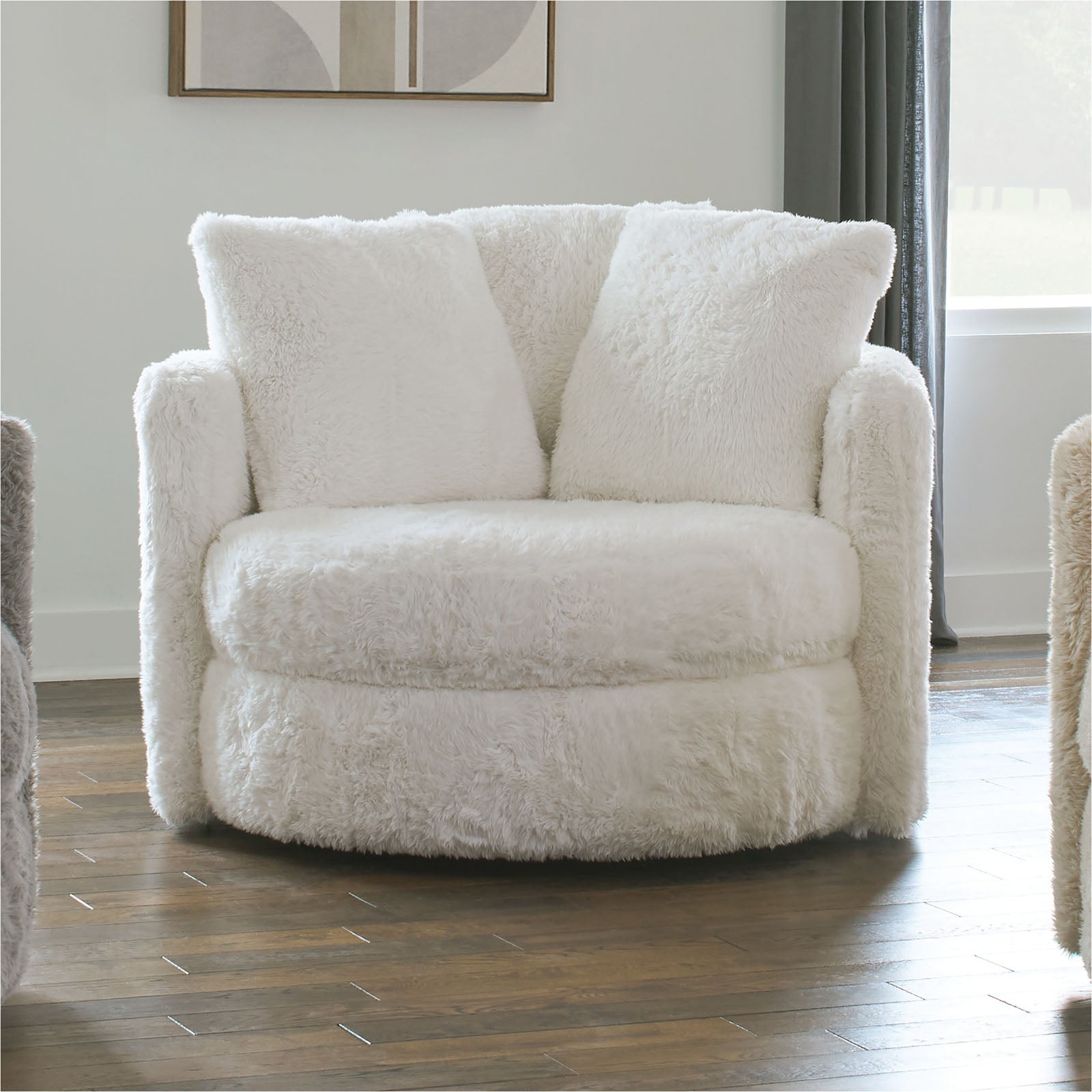 1pc Round Chair Contemporary Style White Finish Accent Pillows Included Curved Track Arms