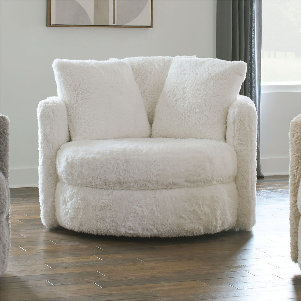 1pc Round Chair Contemporary Style White Finish Accent Pillows Included Curved Track Arms