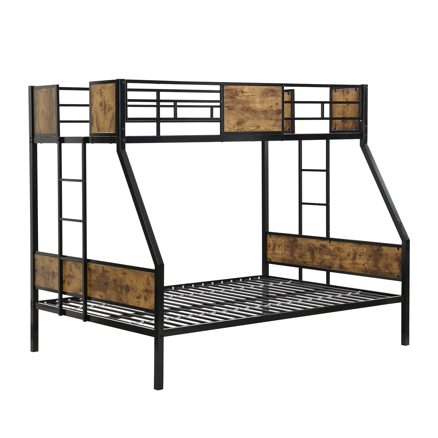 Twin Over Full Metal Bunk Bed Black Finish Industrial Style Metal Structure With Wood Panels Attached Ladder Nailhead Trim
