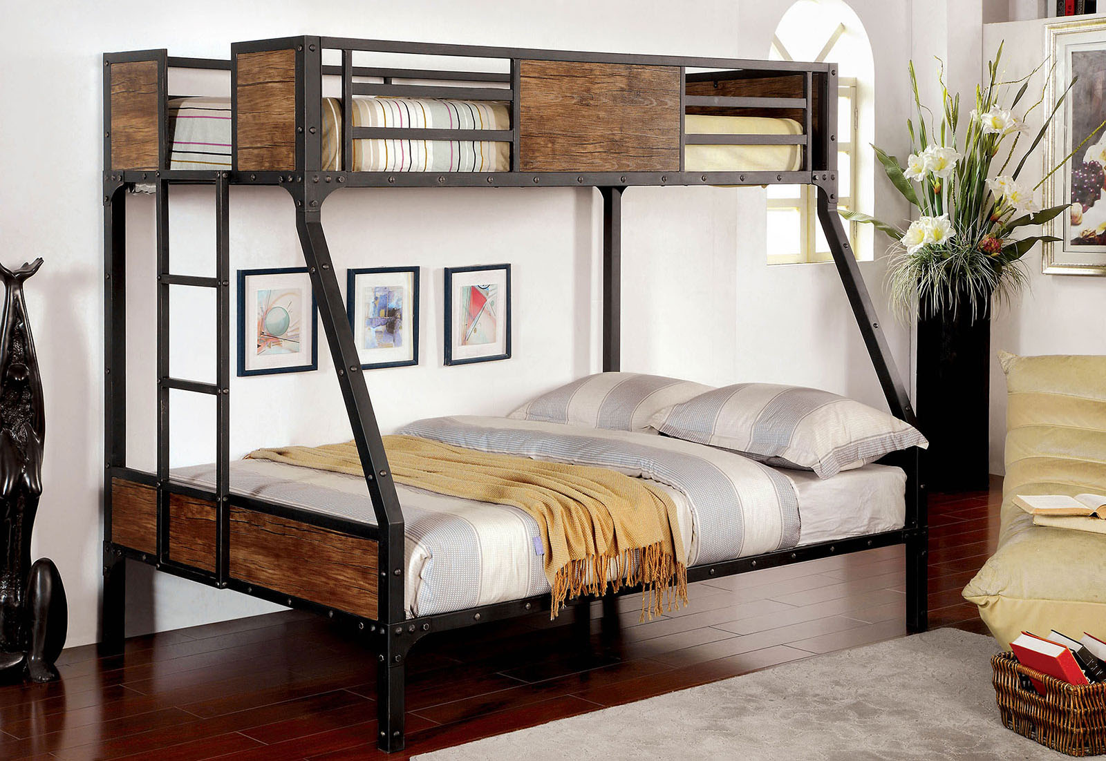 Twin Over Full Metal Bunk Bed Black Finish Industrial Style Metal Structure With Wood Panels Attached Ladder Nailhead Trim