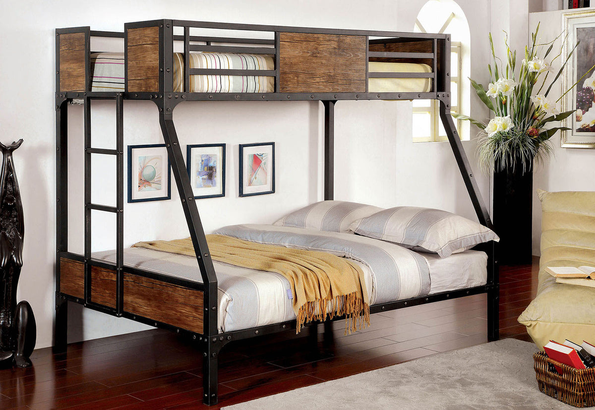 Twin Over Full Metal Bunk Bed Black Finish Industrial Style Metal Structure With Wood Panels Attached Ladder Nailhead Trim
