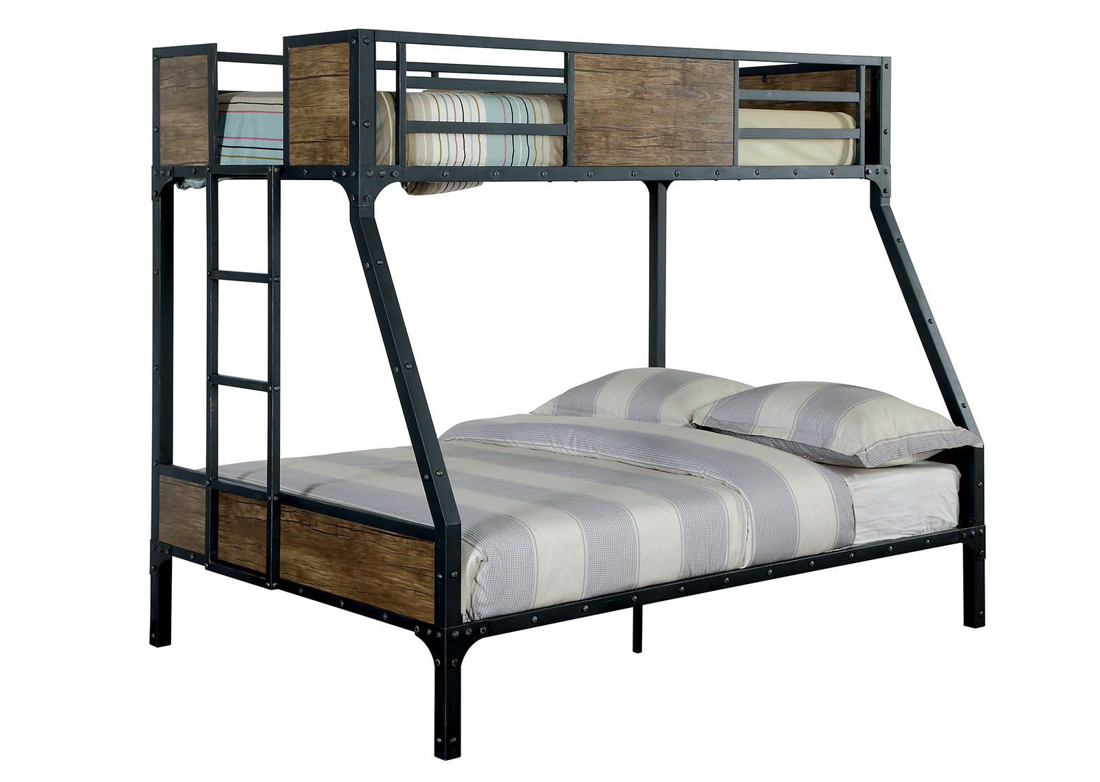 Twin Over Full Metal Bunk Bed Black Finish Industrial Style Metal Structure With Wood Panels Attached Ladder Nailhead Trim