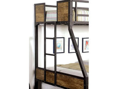 Twin Over Full Metal Bunk Bed Black Finish Industrial Style Metal Structure With Wood Panels Attached Ladder Nailhead Trim