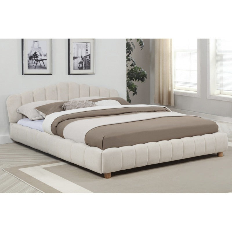 Velvet Upholstered Queen Platform Bed, Modern Bedroom Furniture Wood Low Profile Bed Frame, Cream