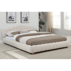 Velvet Upholstered Queen Platform Bed, Modern Bedroom Furniture Wood Low Profile Bed Frame, Cream