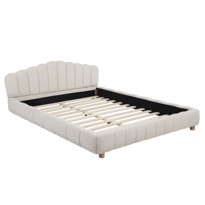 Velvet Upholstered Queen Platform Bed, Modern Bedroom Furniture Wood Low Profile Bed Frame, Cream