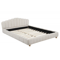 Velvet Upholstered Queen Platform Bed, Modern Bedroom Furniture Wood Low Profile Bed Frame, Cream