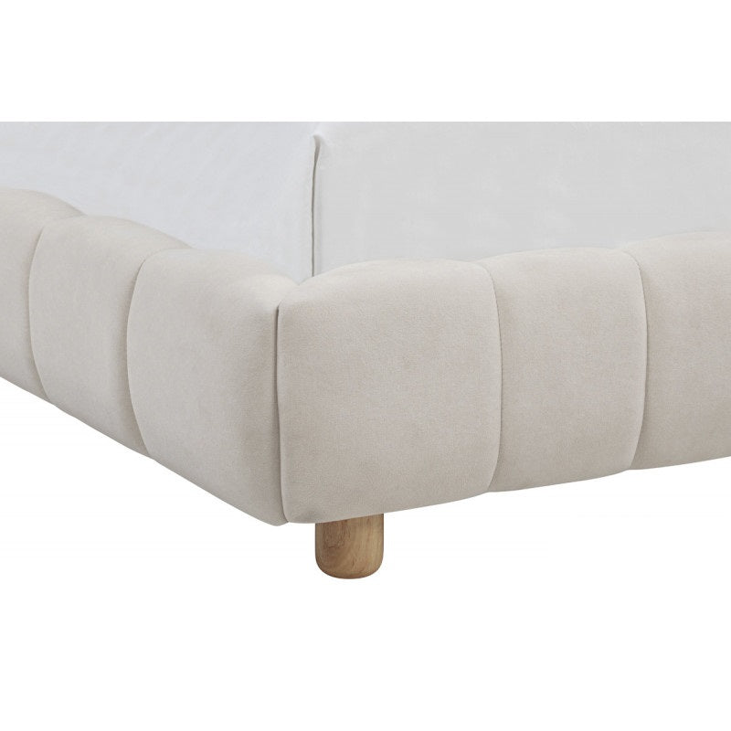 Velvet Upholstered Queen Platform Bed, Modern Bedroom Furniture Wood Low Profile Bed Frame, Cream