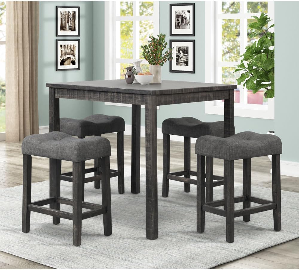 5 Piece Transitional Counter Dining Set, 36-inch Square Dining Table with 4 Tufted Counter Height Stools, Charcoal