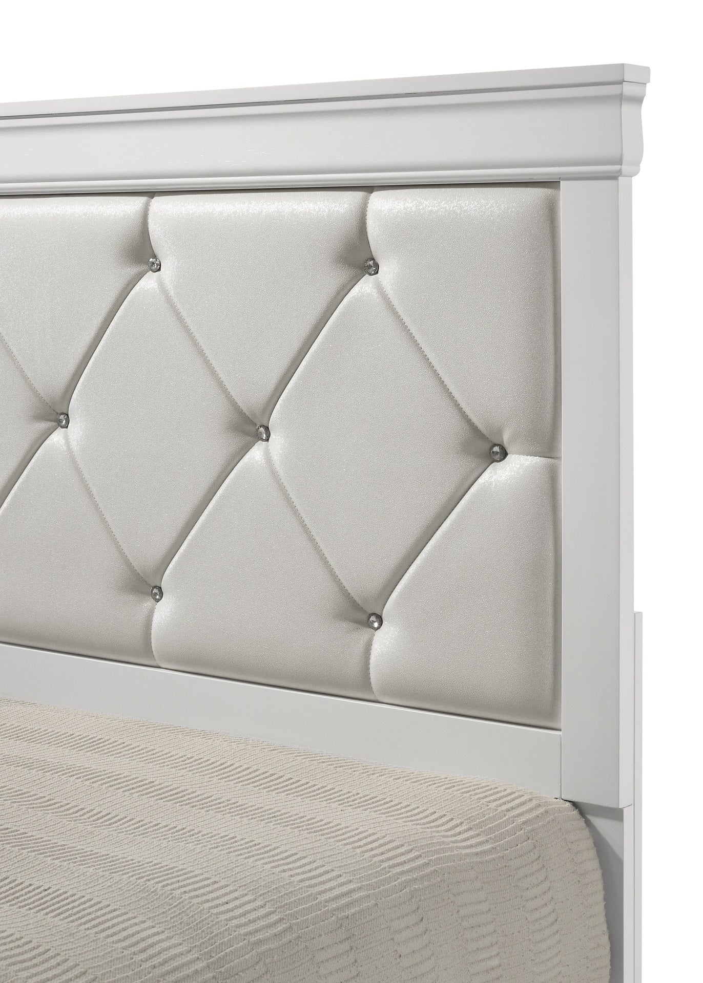 Modern 1pc White Finish King Size Panel Bed Upholstered Headboard Crystal-Like Button Tufted Texture Wood Bedroom Furniture