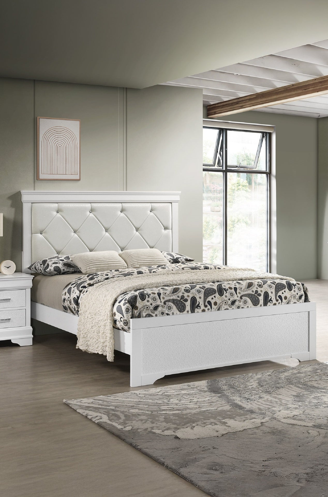 Modern 1pc White Finish King Size Panel Bed Upholstered Headboard Crystal-Like Button Tufted Texture Wood Bedroom Furniture