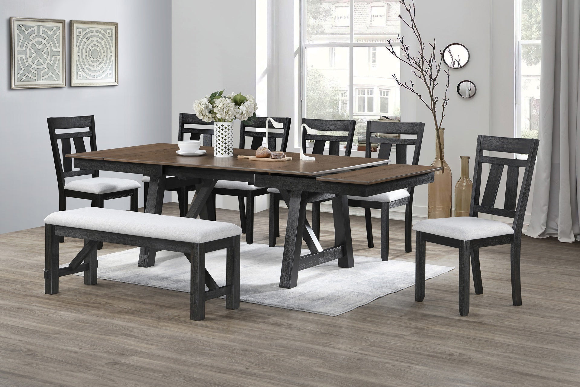 8pc Cottage Style Extendable Dining Table Set Wheat Charcoal Tow Tone Finish Upholstered Chair Bench Dining Room Wooden Furniture Two Self-Storing Refectory Leaves Solid Wood