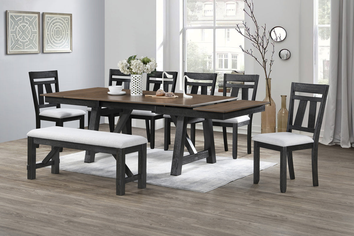 8pc Cottage Style Extendable Dining Table Set Wheat Charcoal Tow Tone Finish Upholstered Chair Bench Dining Room Wooden Furniture Two Self-Storing Refectory Leaves Solid Wood