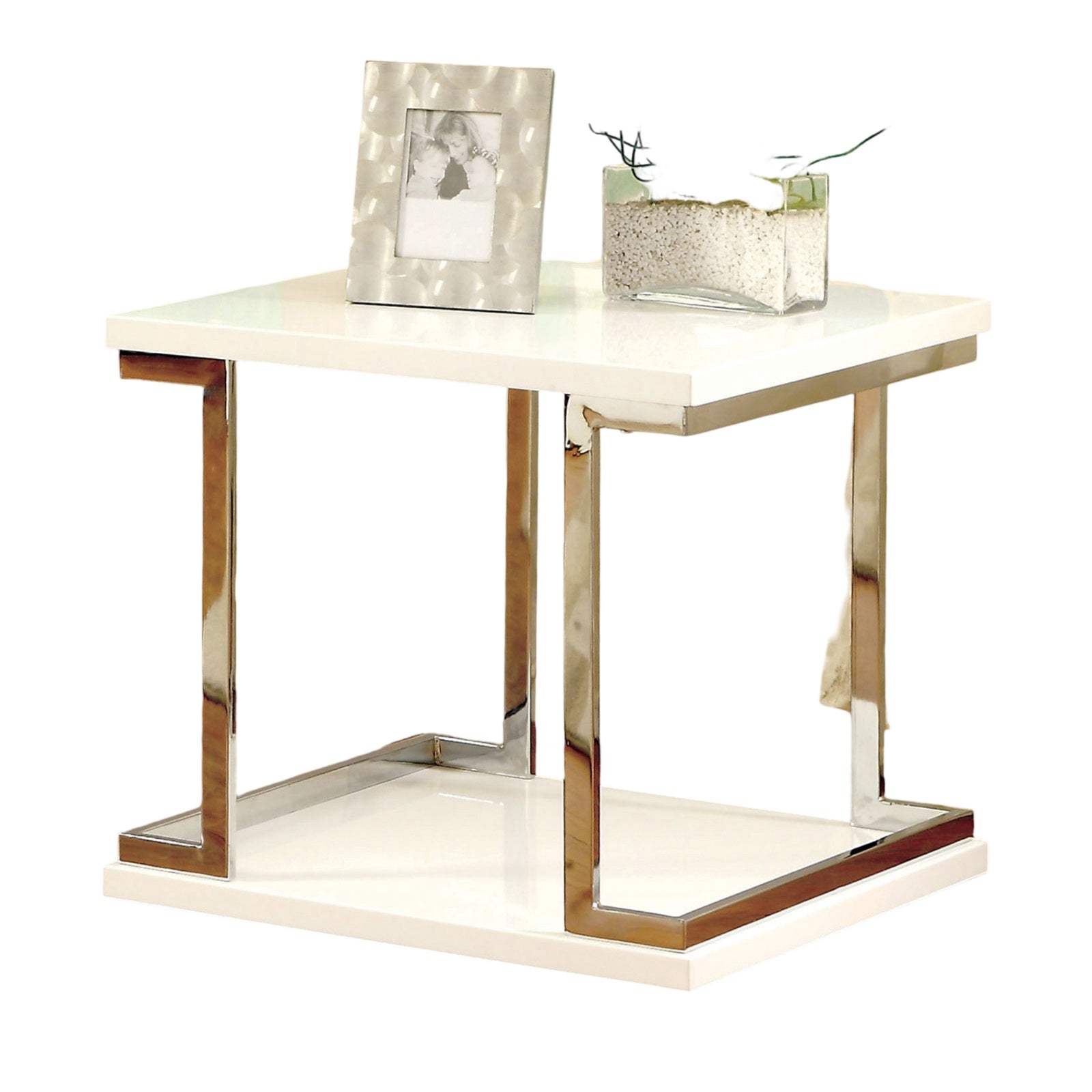 Contemporary Style White 1pc End Table Bottom Shelf High Gloss Lacquer Coating Chrome Frame Accents Living Room Furniture