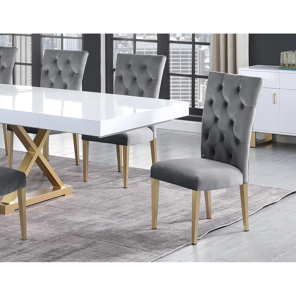 Velvet Tufted Dining Chair Set of 2, Upholstered Kitchen Side Chair Set, Gray