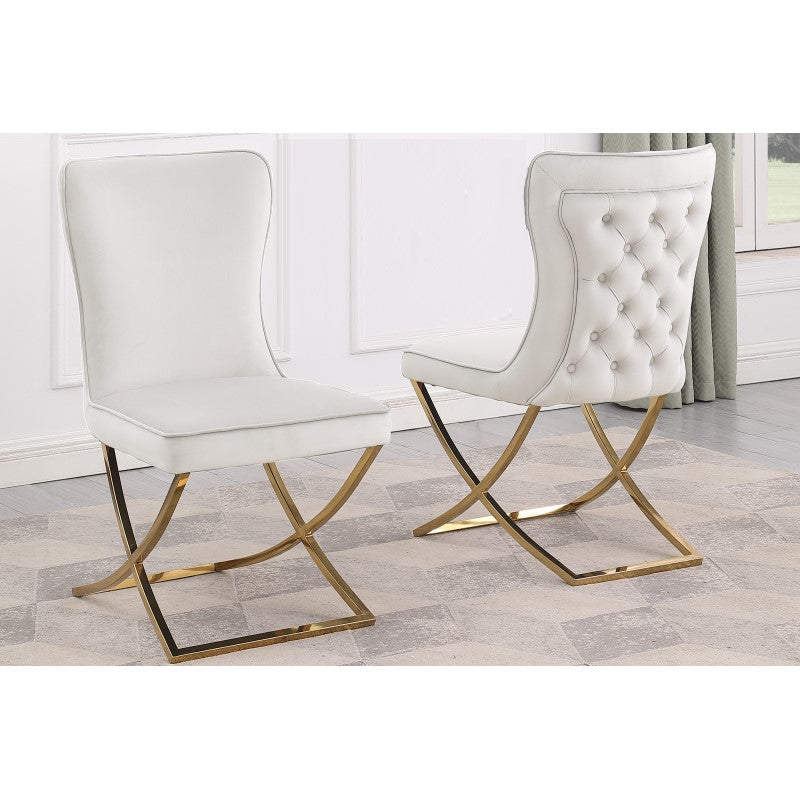 Modern Velvet Dining Chair Set of 2, Tufted Back Design, Gold Plated Metal Legs, Beige