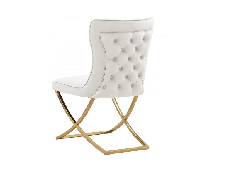 Modern Velvet Dining Chair Set of 2, Tufted Back Design, Gold Plated Metal Legs, Beige