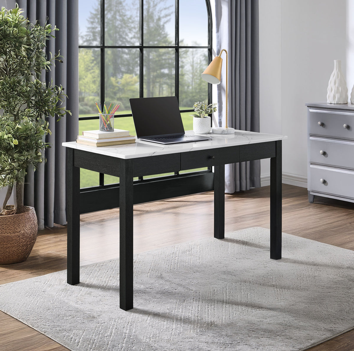 1pc Modern White Faux Marble Desk Elegance Black Base Stunning Storage Drawer Wooden Home Office Furniture White Black