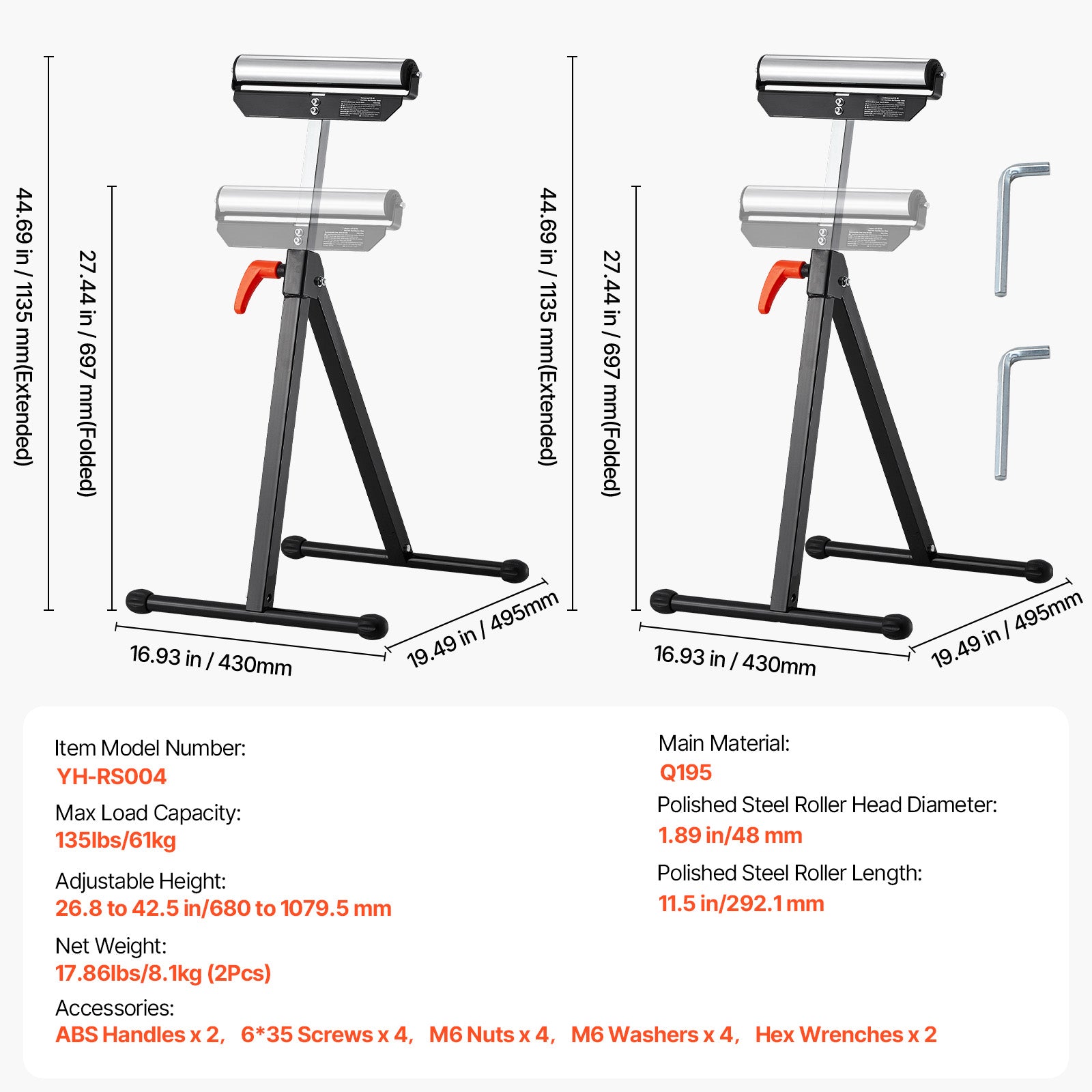 2 PCs Folding Woodworking Roller Stands Max Load 135 lb Adjustable 26.8-42.5 in