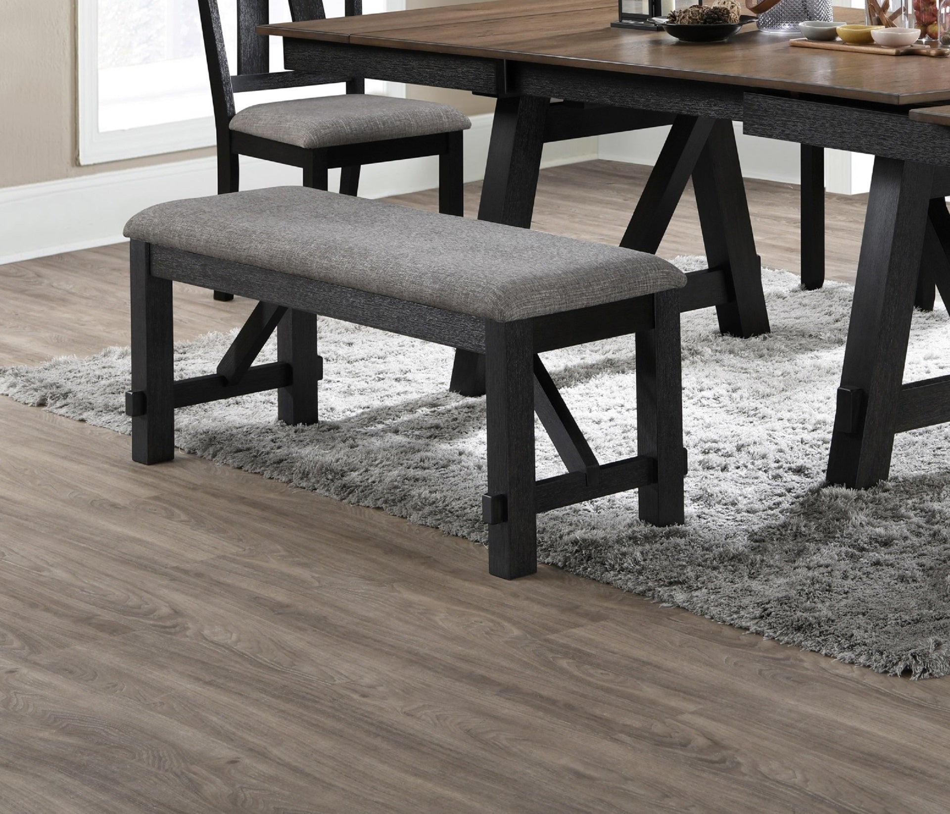 Cottage Style 1pc Upholstered Seat Wheat Charcoal Finish Bench Dining Room Bedroom Wooden Furniture Standard Height