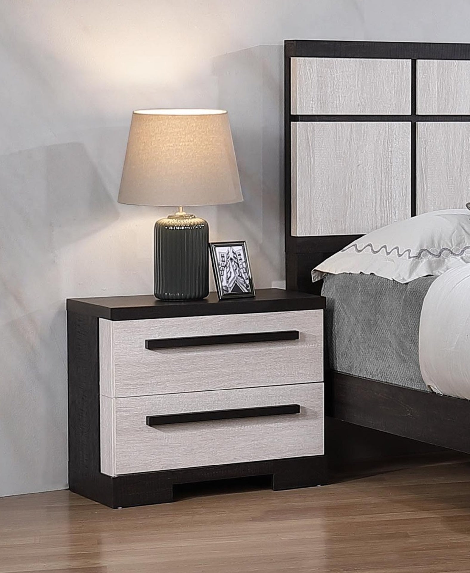 1pc Contemporary 2-Drawer Storage Nightstand Chalk White and Black Finish Wooden Bedroom Furniture